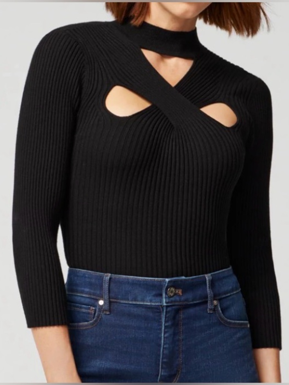 Black Ribbed Cutout Mock Neck Top with 3/4 Sleeve - Large